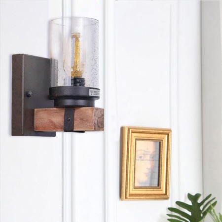 Sconce Living Room Bedroom Retro Wood Wall Lamp Glass Lamp Shade