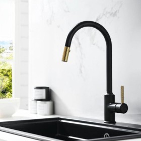 Black/Gold Kitchen Tap with Pull Out Spray Single Handle Sink Faucet