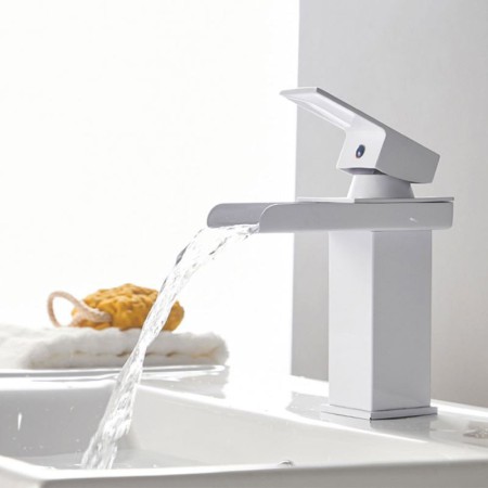 Waterfall Modern Square Basin Faucet White Sink Tap