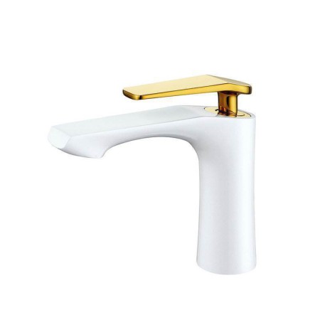 Modern Simple Style White Bathroom Sink Faucet Deck Mounted Single Hole Single Handle Golden Handle