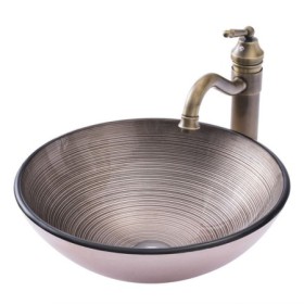 Modern Tempered Glass Vessel Sink with Circular Stripe Design for Bathroom