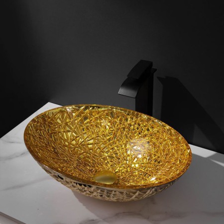 Bathroom Counter Basin Oval Golden Glass Wash Basin