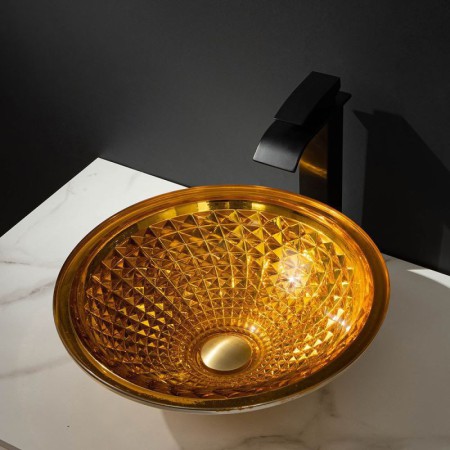 Bathroom Vessel Sink with Circular Golden Glass Wash Basin