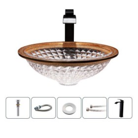 Bathroom Vanity Sink with Circular Glass Wash Basin and Brown Decorative Edge