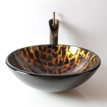 Leopard Print Round Tempered Glass Sink in Modern Fashion (Faucet Not Included)