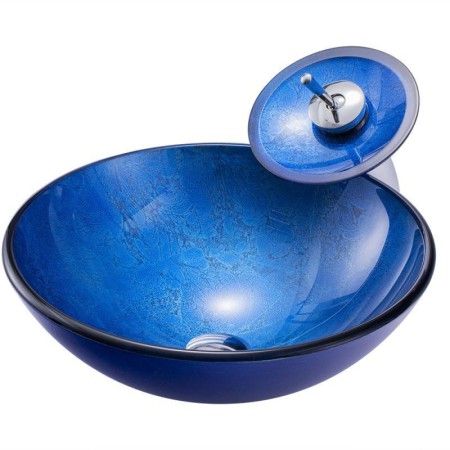 Contemporary Blue Basin Foil Covered Tempered Glass Round Vessel Sink with Waterfall Faucet