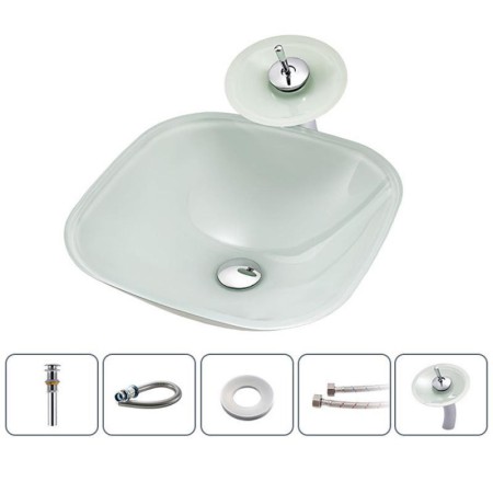 Square Basin Tempered Glass Bathroom Countertop Waterfall Vessel Sink Tap White Sink and Faucet Set