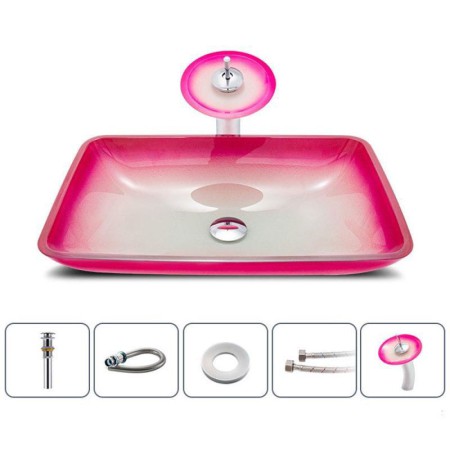 Rectangle Sink and Faucet Set Gradient Basin Bathroom Countertop Waterfall Vessel Sink Tap