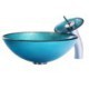 Modern Tempered Glass Bathroom Sink with Blue Round Basin and Waterfall Faucet