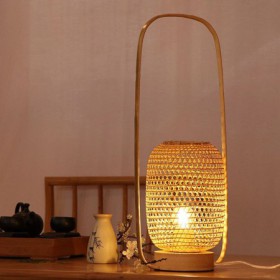 Modern Round Bamboo Lantern Writing Desk Decorative Light Simple Table Lamp