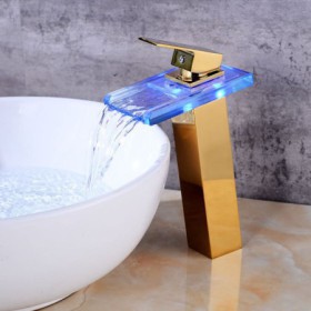 Single Handle Color Changing LED Bathroom Sink Faucet Golden Basin Tap