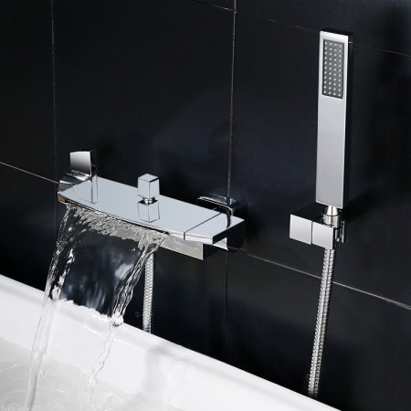 Waterfall Bath and Shower Mixer Tap Chrome/Black Wall Mount Bath Tub Filler Faucet Set