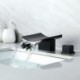 Split Double Handles Waterfall Black Brass Basin Faucet Bathroom Countertop Tap