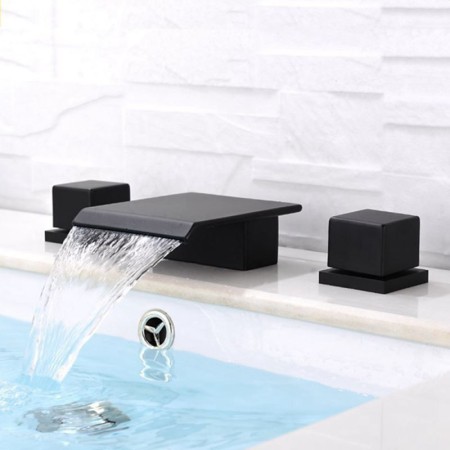 Waterfall Widespread Matte Black Square Basin Faucet Bathroom Sink Tap