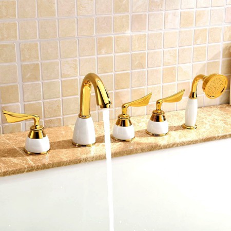 3 Handle Widespread Bathtub Mixer Tap in Gold with Hand Spray