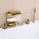 Golden Brass Curved Waterfall Spout Tub Filler with Handheld Sprayer Split Bathtub Faucet