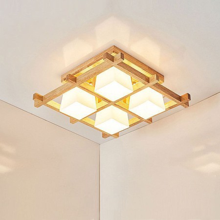 Rubber Wood Light Study Bedroom Nordic Square Grid Flush Mount Ceiling Light