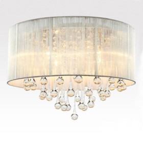 Ceiling Fixture: Crystal 4-Light White Drum Shade Chrome Flush Mount Chandelier