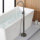 Bathroom Floor Mounted Waterfall Tub Filler with Single Handle Freestanding Bathtub Faucet