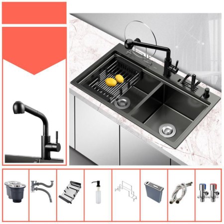 Double Bowl Black Stainless Steel Kitchen Sink With Knife Rack