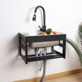 Stainless Steel Single Bowl Wall Mounted Kitchen Sink with Support Rack