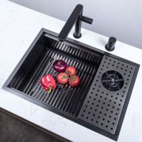 SUS304 Black Handmade Kitchen Sink With Cup Washer Drain Basket