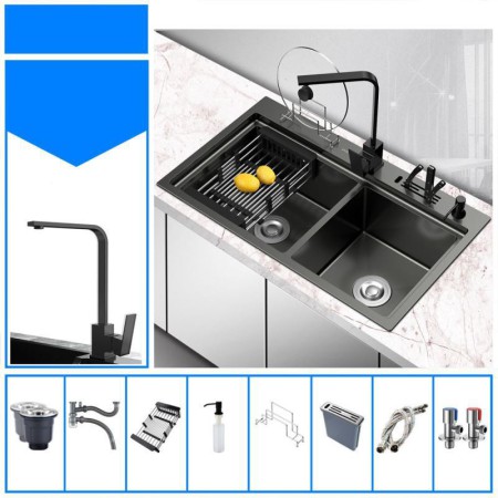 Double Bowl Black Stainless Steel Kitchen Sink With Knife Rack